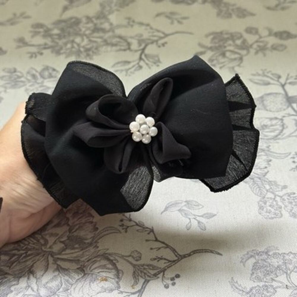 Vtg 80s 90s Large Hair Bow Clip Ribbon Pearl Black Cottagecore Romantic Coquette